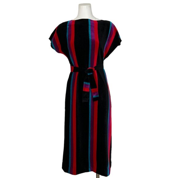 Vintage Bardinella Designs Terry Cloth Dress M Striped Cap Sleeves Midi Coastal - Picture 1 of 12
